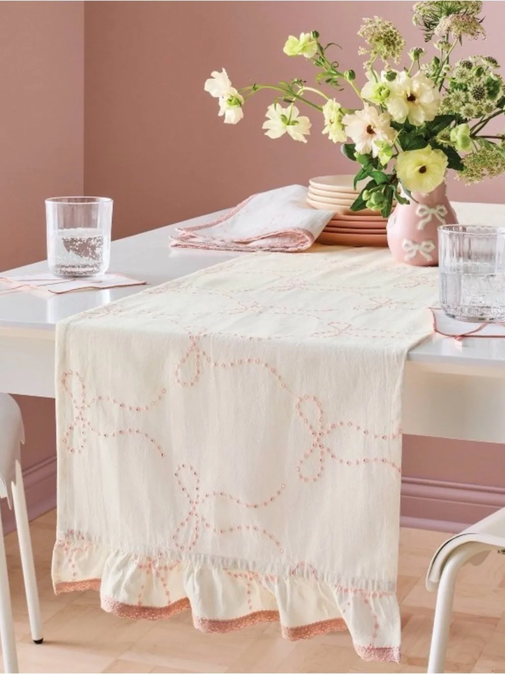 Dining Linen Set - Pink Embroidered Table Runner, Napkins & Towels
